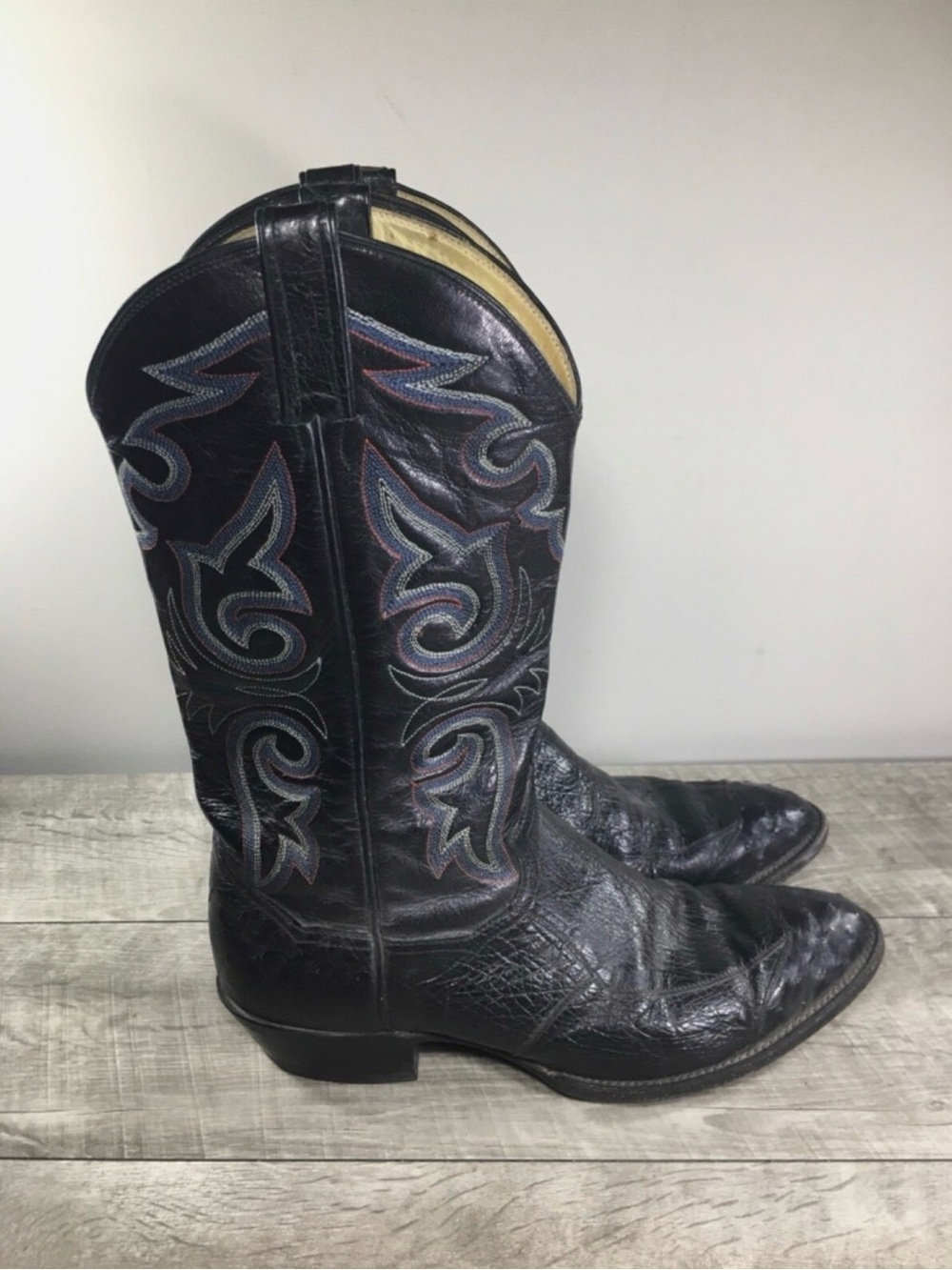 Vtg Sanders Mens Cowboy Western Rancher PullOn Black Leather Ostrich Boots 10.5